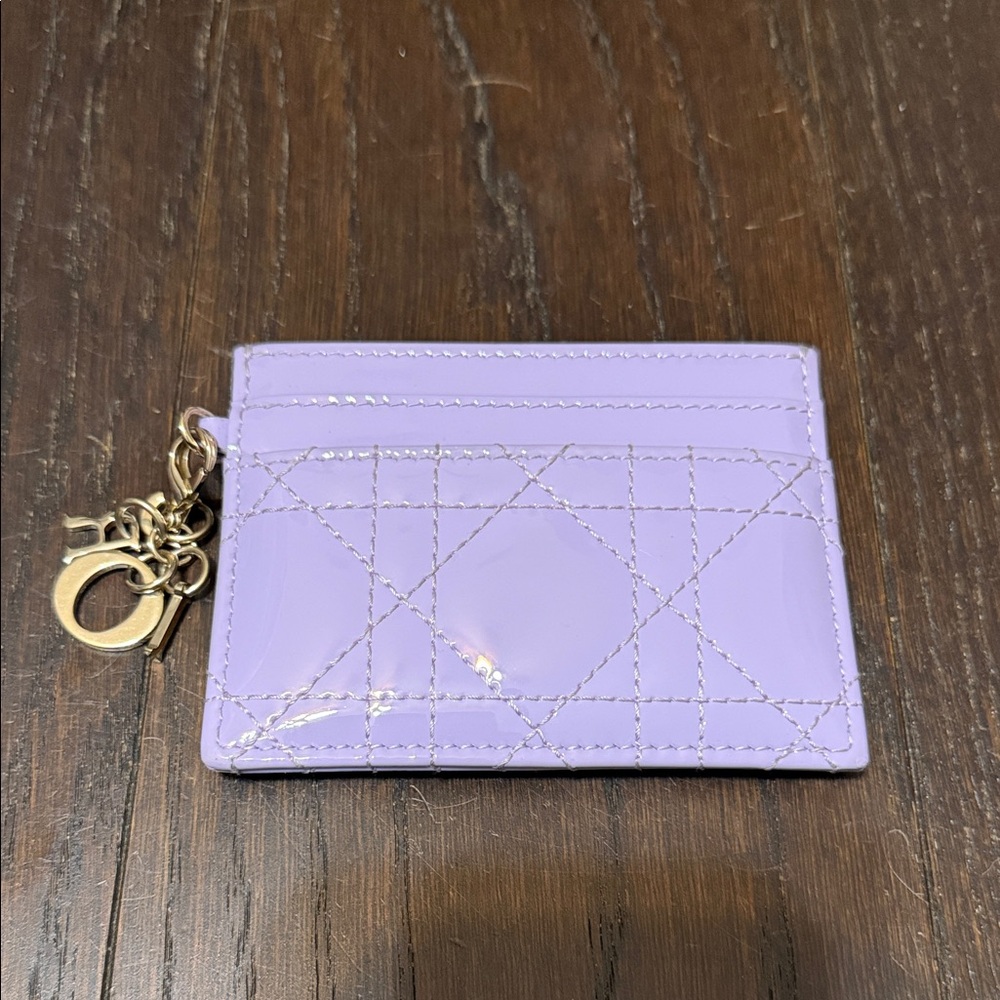 Dior Lavender Patent Quilted Card Holder with Gold Charm
